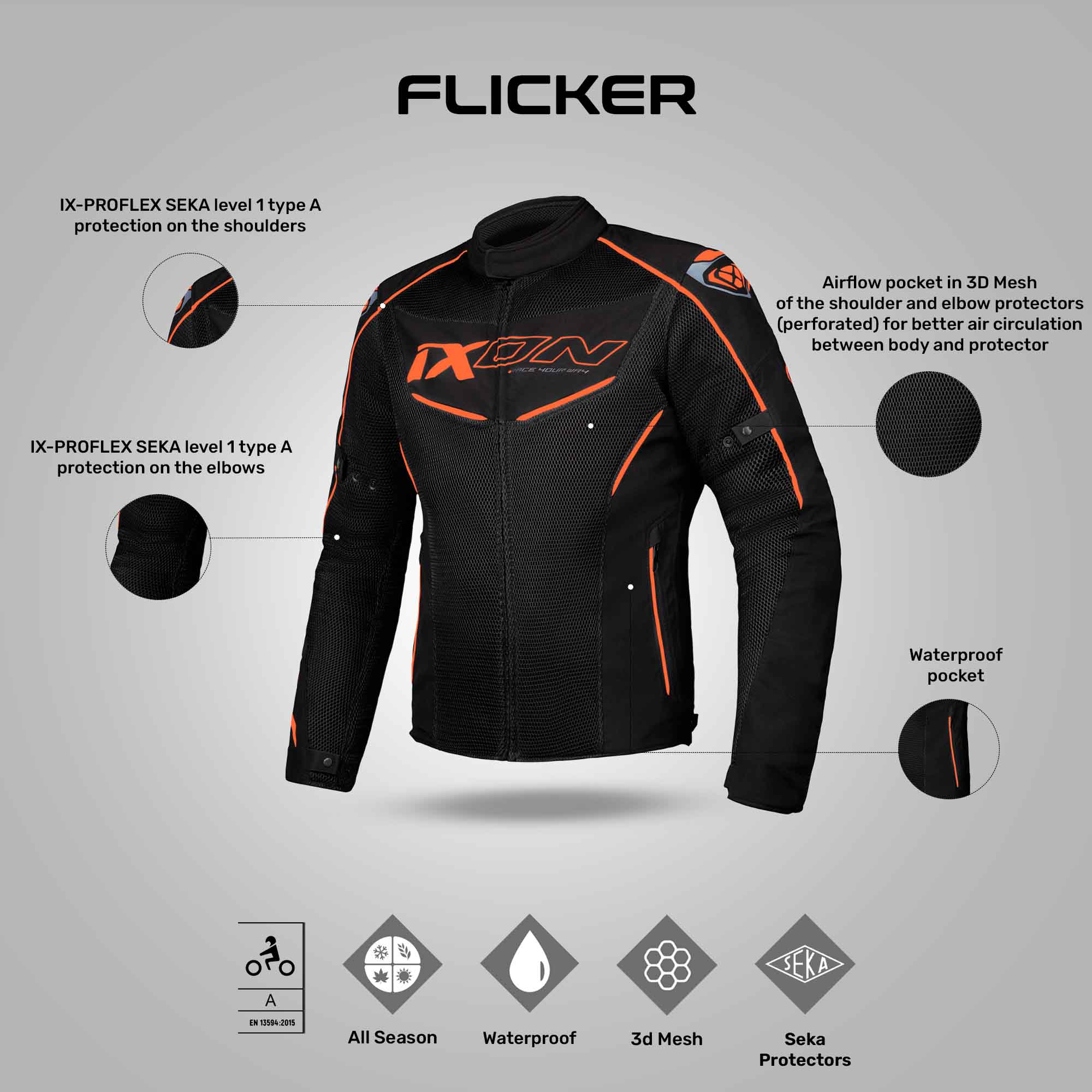 Flicker - All Weather Riding Jacket (Black/Orange) - Image 3
