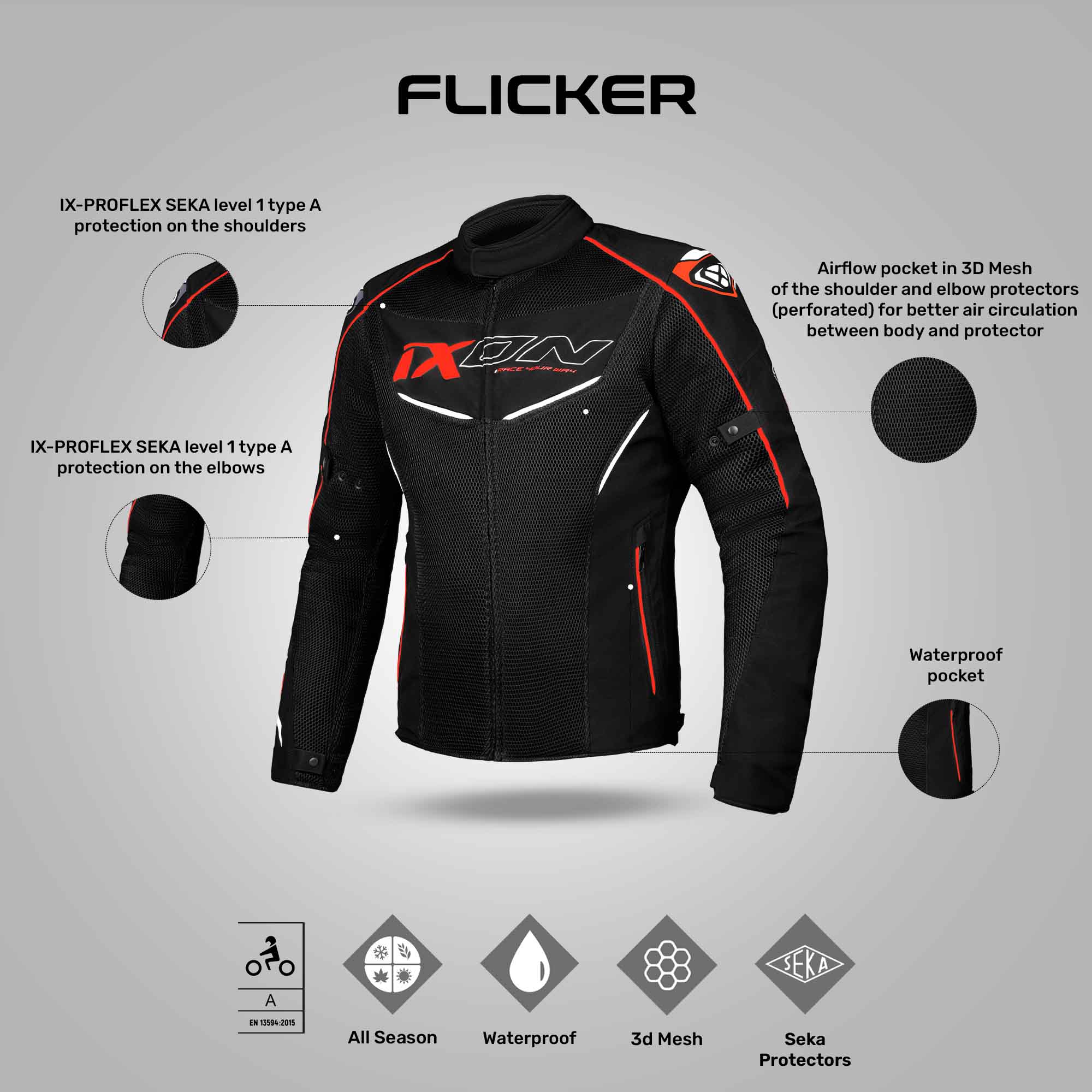 Flicker - All Weather Riding Jacket (Black/White/Red) - Image 3