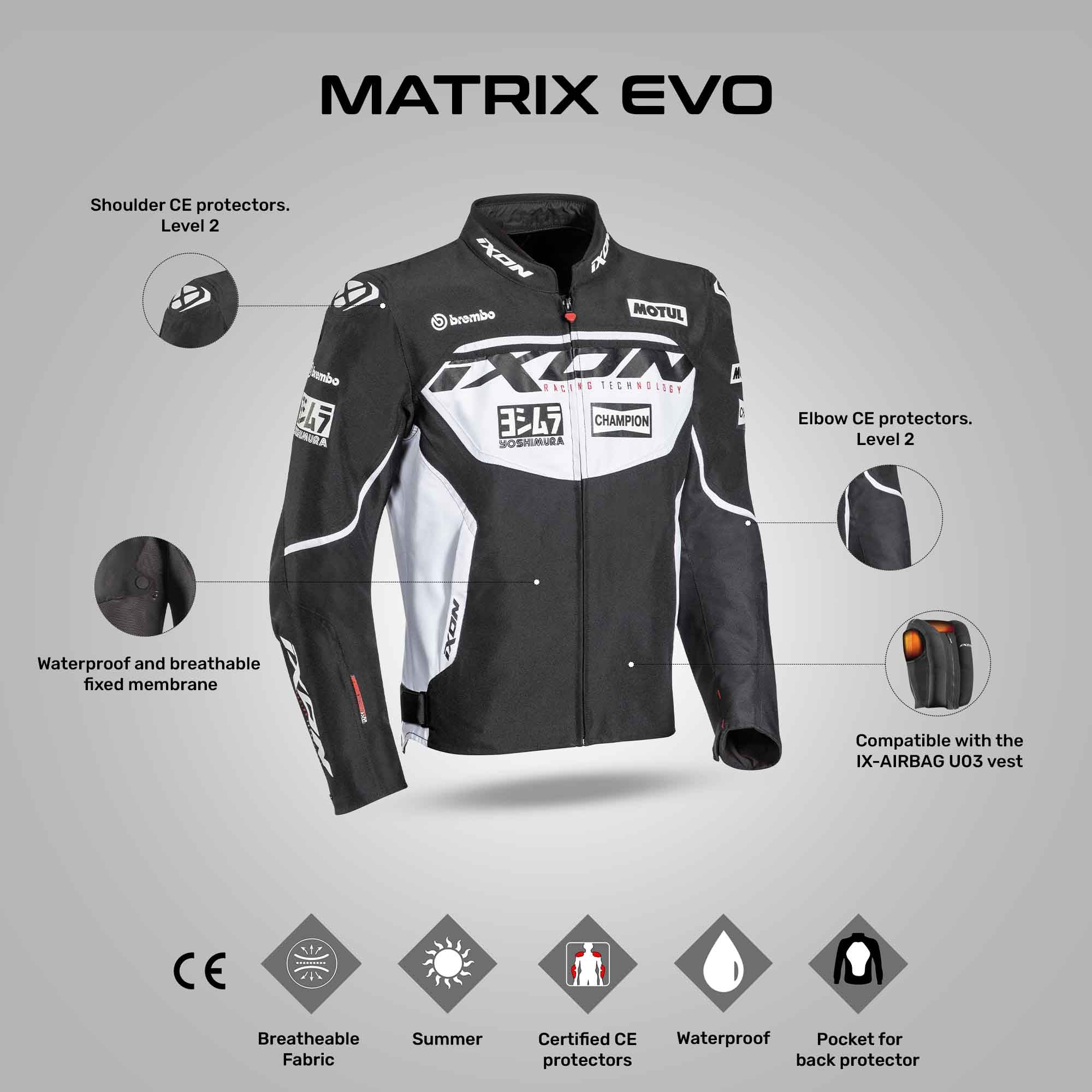 Matrix Evo - CE Certified Motorcycle Jacket (Black/White) - Image 3