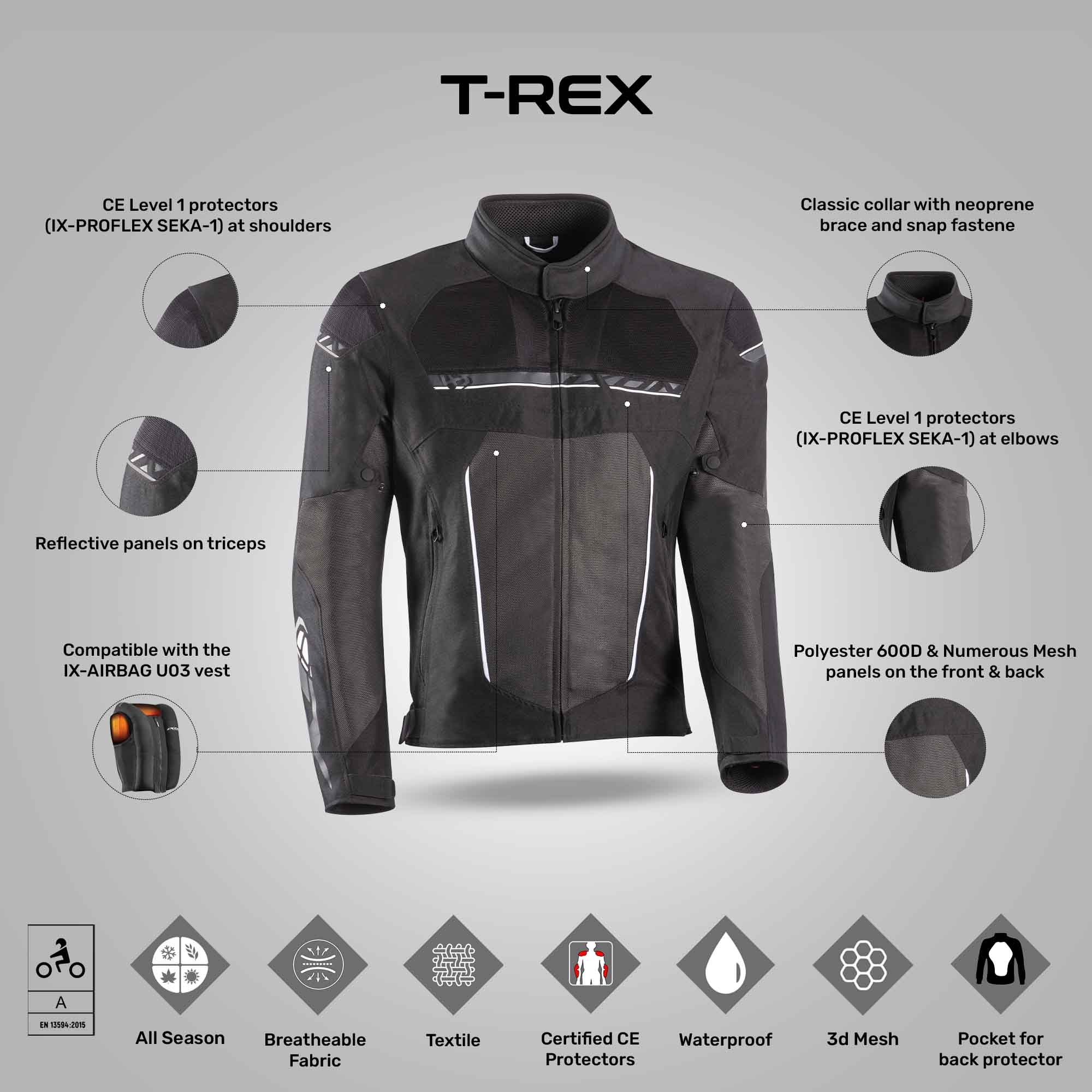 T-Rex - All Weather Riding Jacket (Black/Grey/White) - Image 3