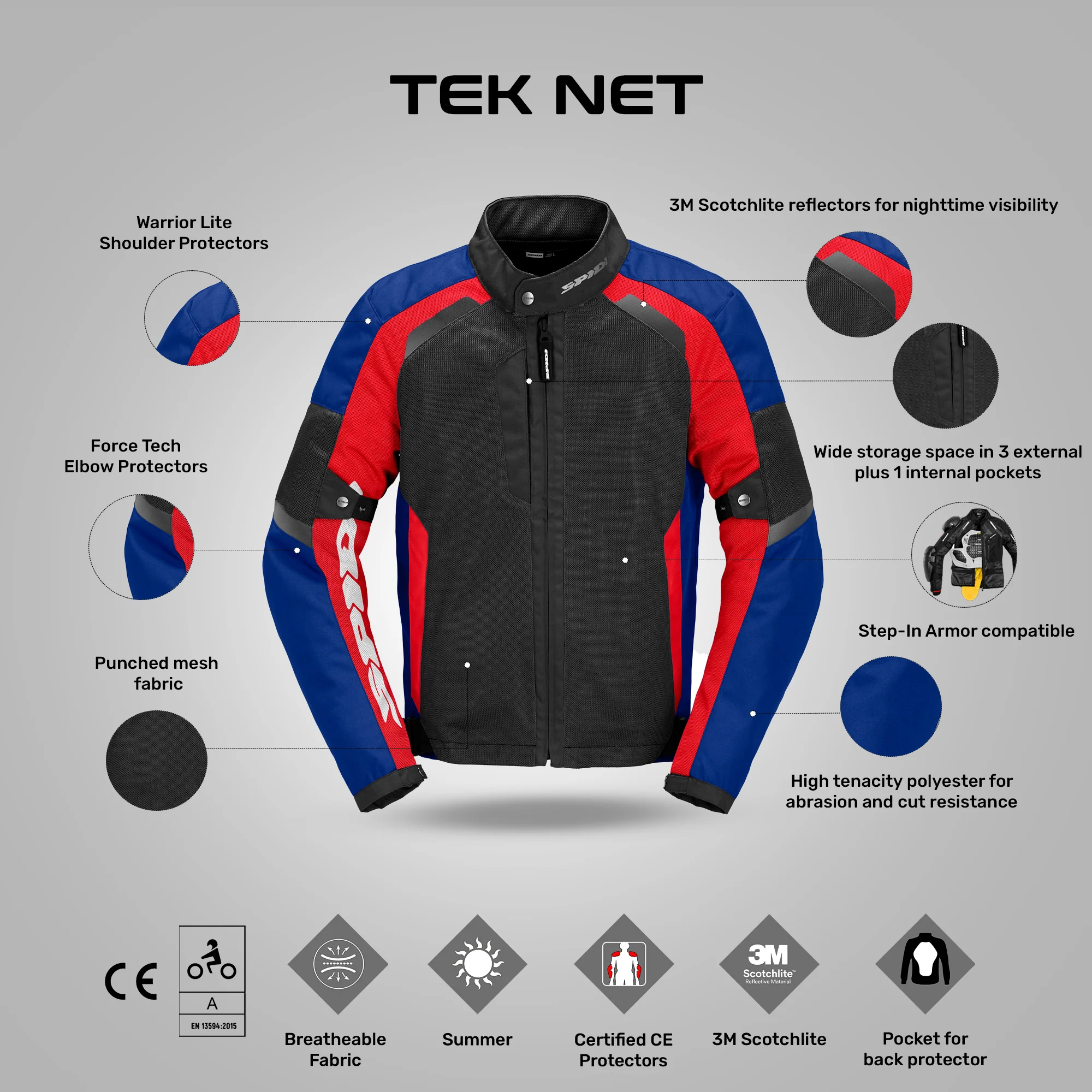 Tek Net - Summer Adventure Touring Jacket (Black/Blue/Red) - Image 4