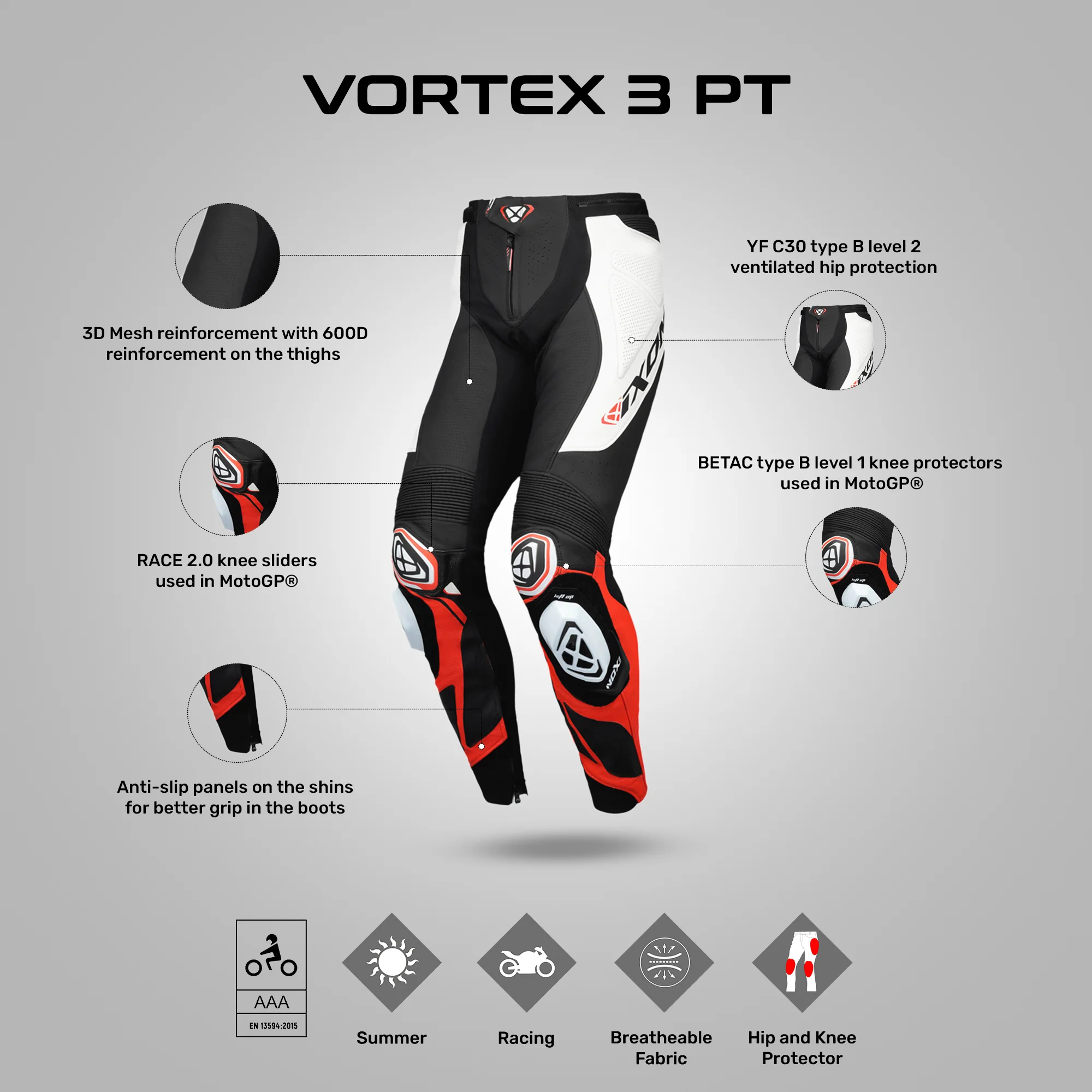 Vortex 3 - Motorcycle Leather Racing Pants (Black/White/Red) - Image 3