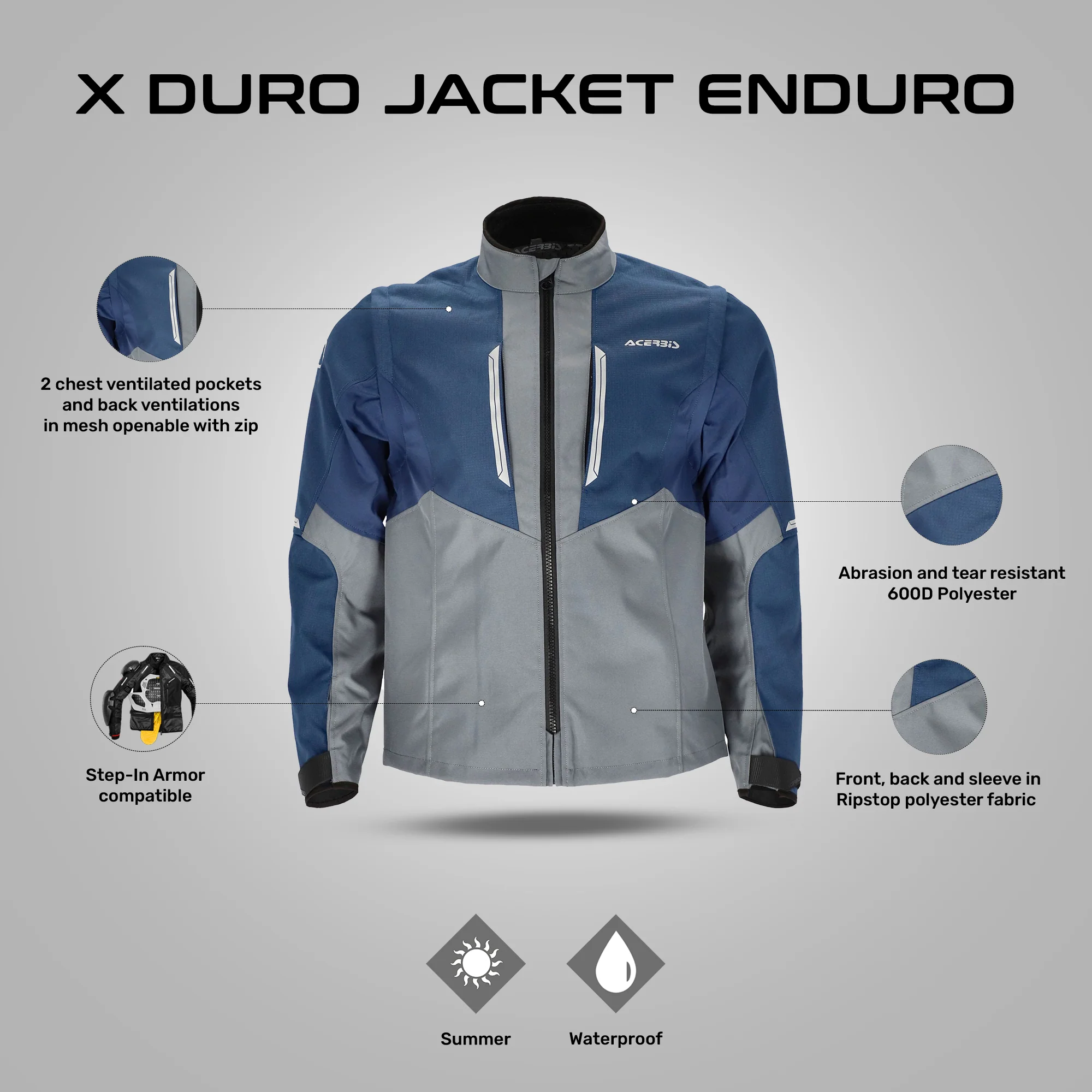 X-Duro - Off Road Enduro Riding Jacket (Blue/Grey) - Image 6