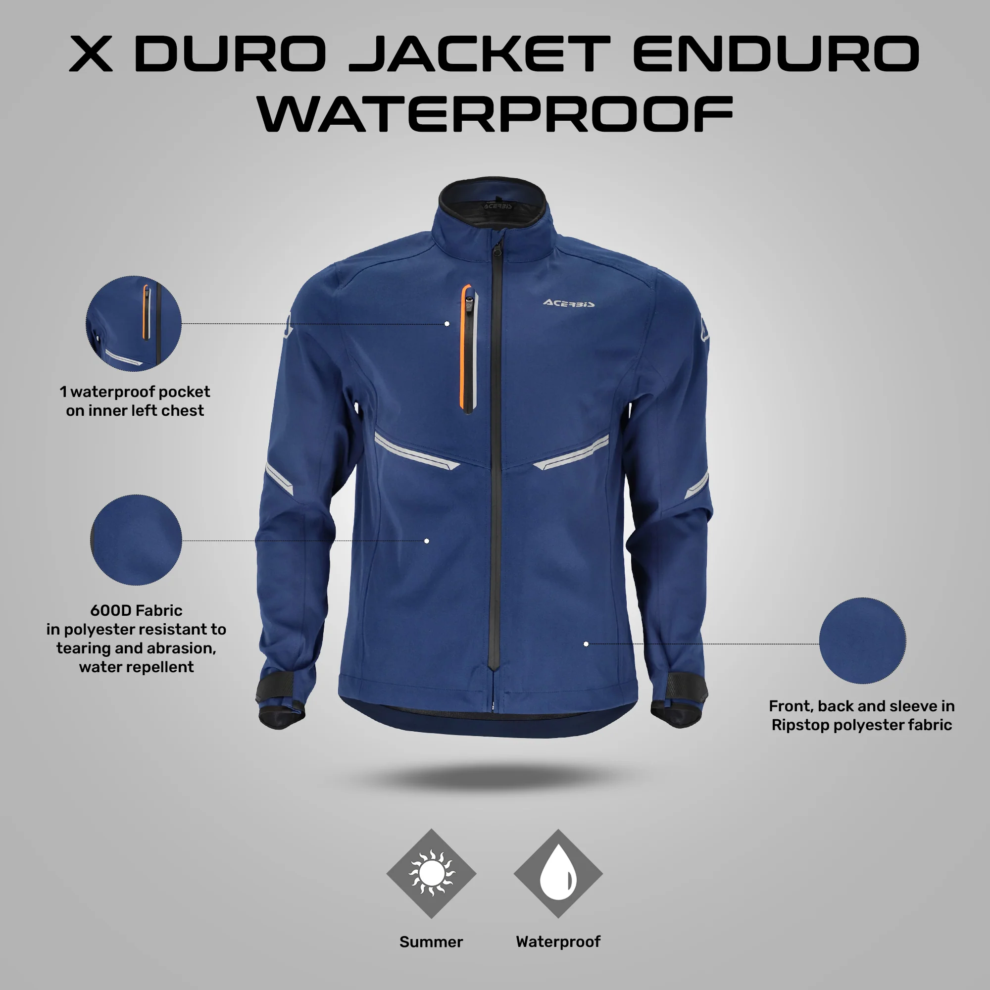 X-Duro - Off Road Enduro Waterproof Riding Jacket (Blue/Orange) - Image 4